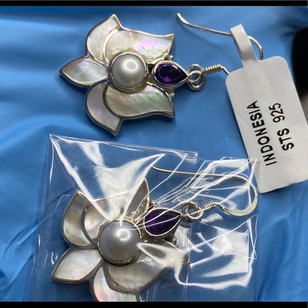 Bali Mother of Pearl Lotus Flower Earrings